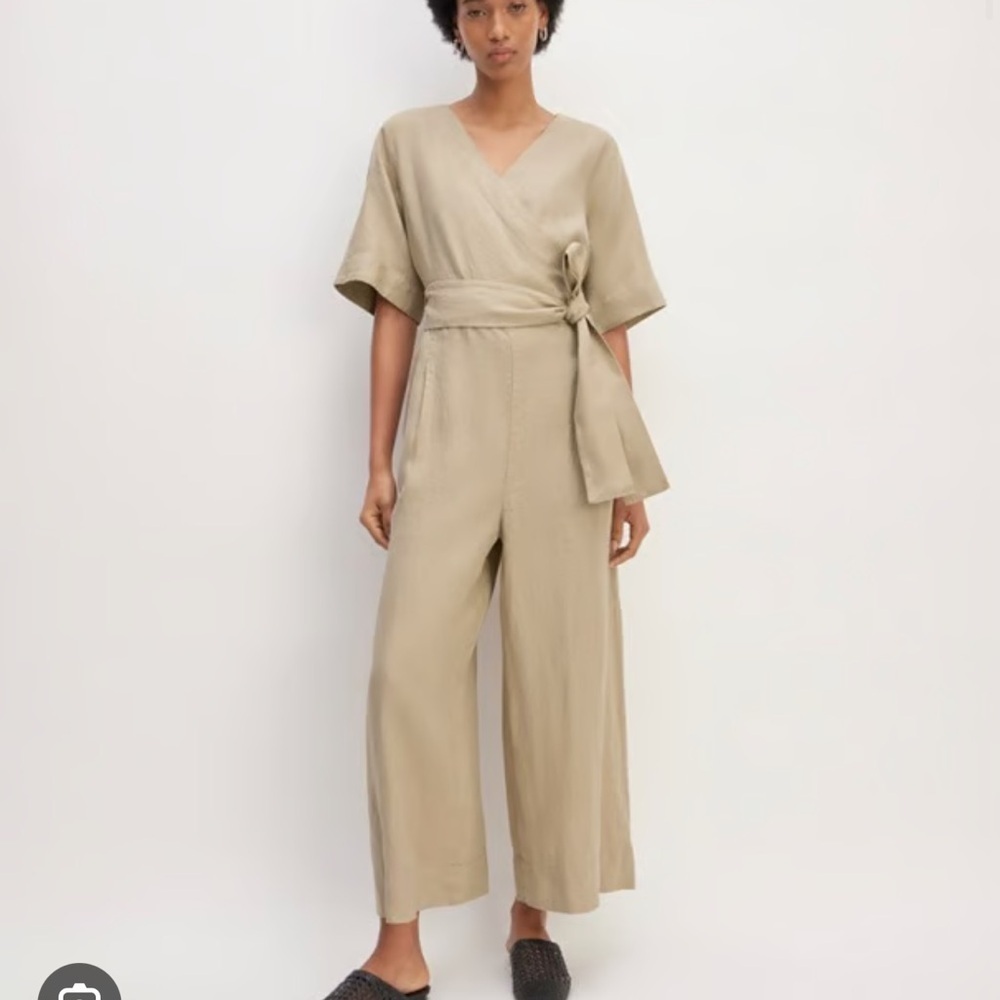Everlane Women's Khaki Linen short sleeve faux wrap tie Jumpsuit